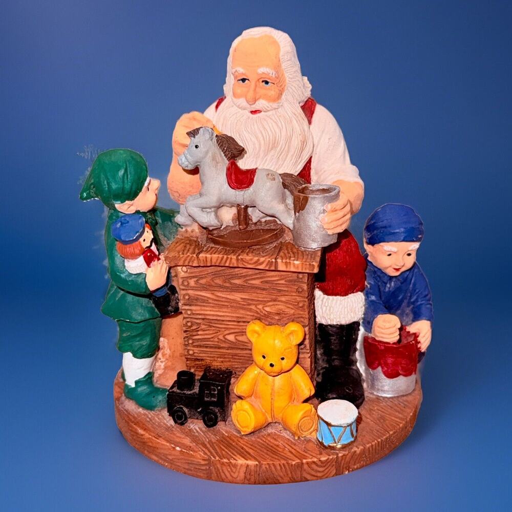 VTG Santa Claus Toymaker Statue Christmas Elves Painting Toy Horse Train 4.5"